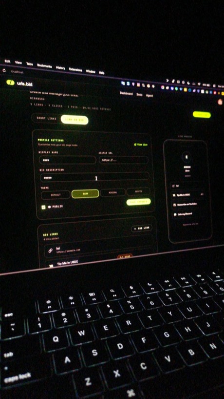 urls.bid dashboard running on localhost at night